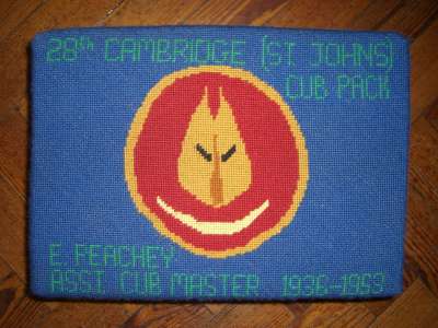 Church Kneeler from St John's church, Hills Road, Cambridge. In memory of E.Peachey, Assistant Cub Master. 1936-1953