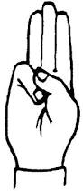 The scout sign: the thumb holds the little finger down, with the other fingers pointing up